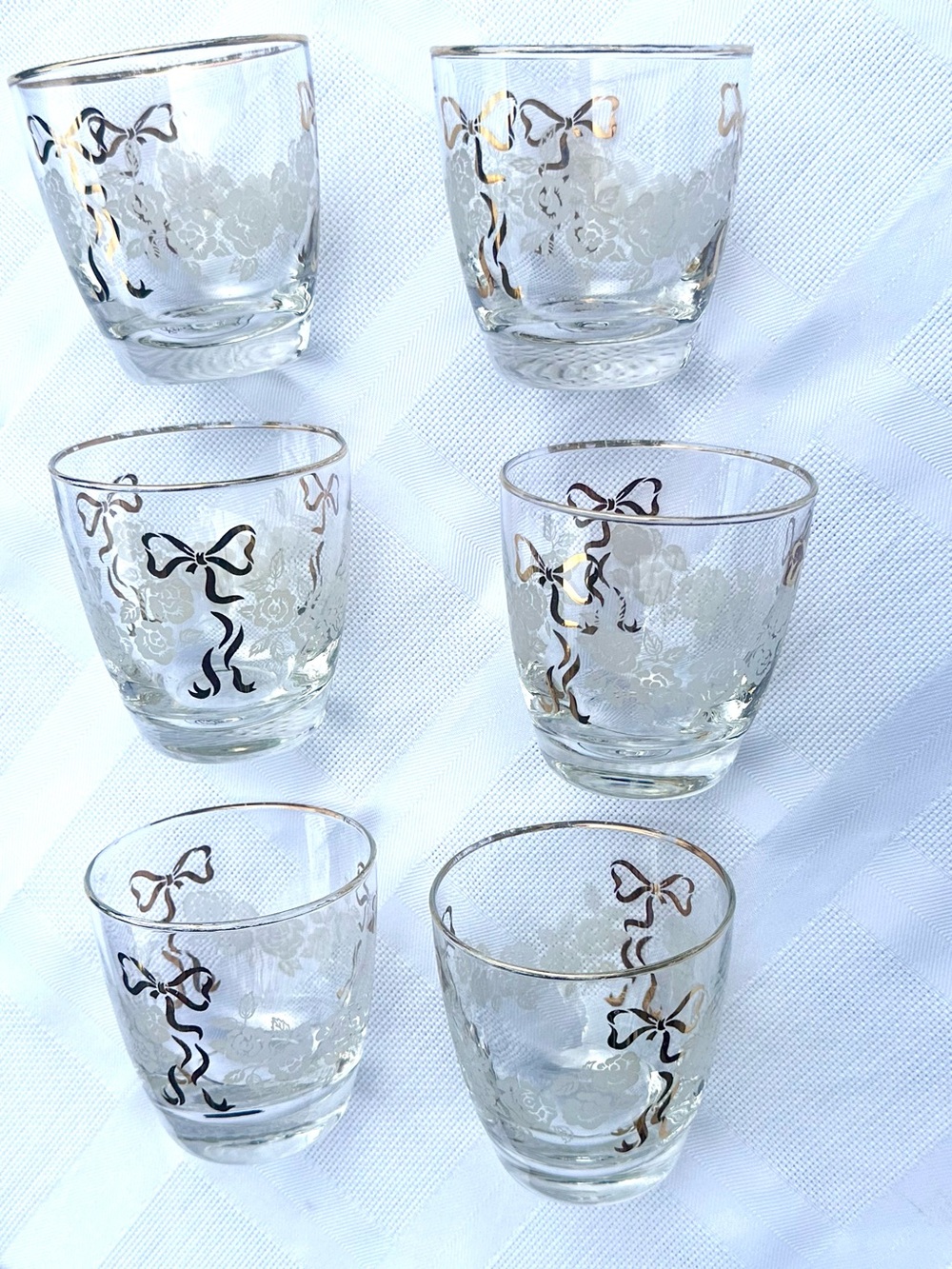 VTG Libbey LowBall Rose & Ribbon Gold Trim 1960's Tumbler Glasses set of 6